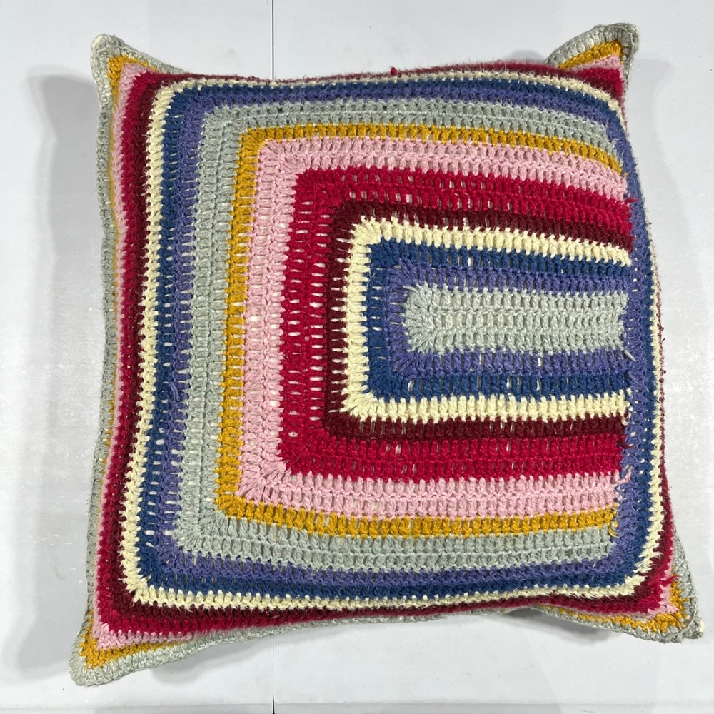 Anthropologie Boho Rainbow Crochet Multi Color Square Throw Pillow 18x18 Accent